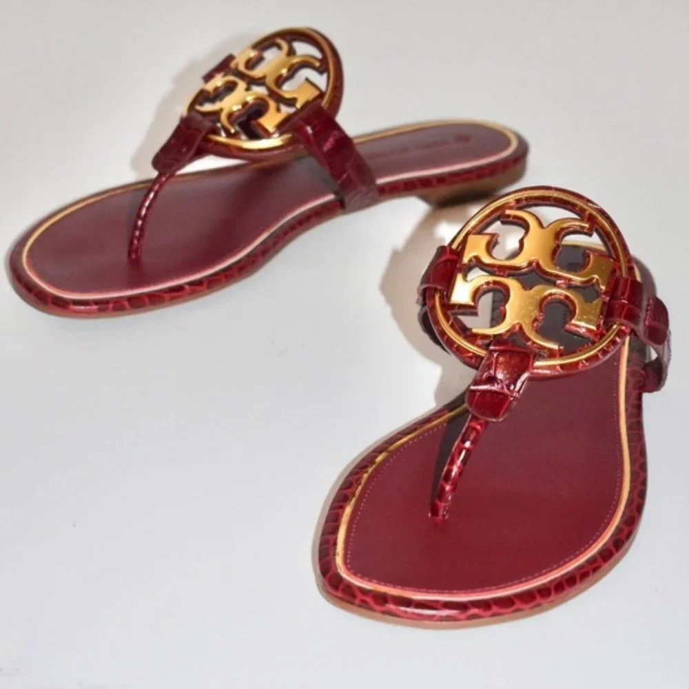 Tory Burch Metal Miller Croc Embossed Logo Sandals Burgundy Roma Red MANY SIZES!